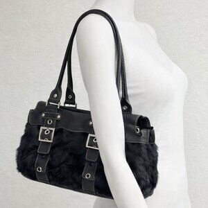 Rafe New York Black Faux Fur and Leather Silver Buckle handbag